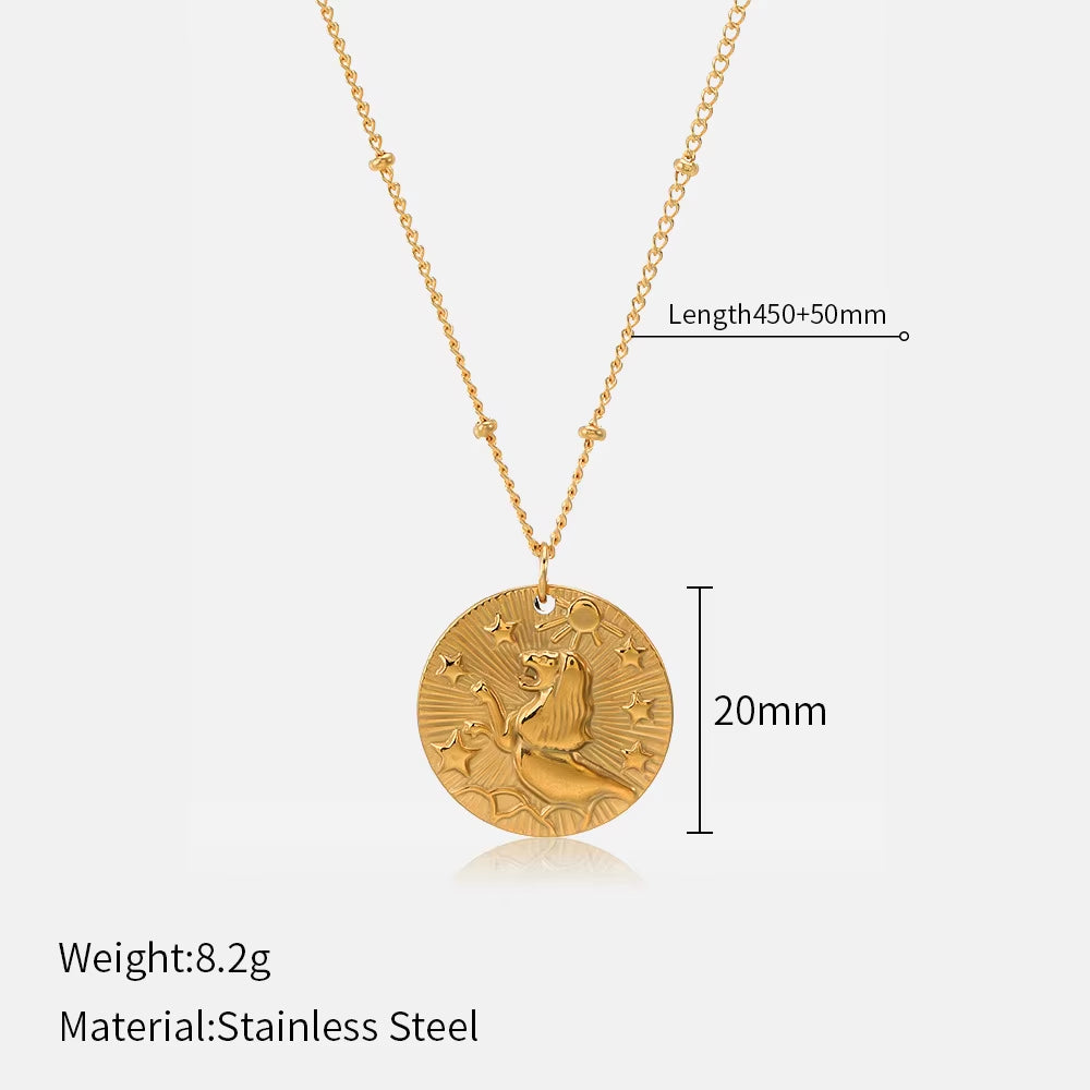 12 Zodiac Constellation Stainless Steel Necklace for Women Golden Amulet Vintage Plated round Coin Pendant Trendy Clavicle Chain