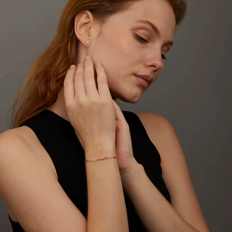 Dainty Crystal Rhinestone Cross Charm Bracelet Gold Plated Stainless Steel Chain Bracelets for Women Jewelry