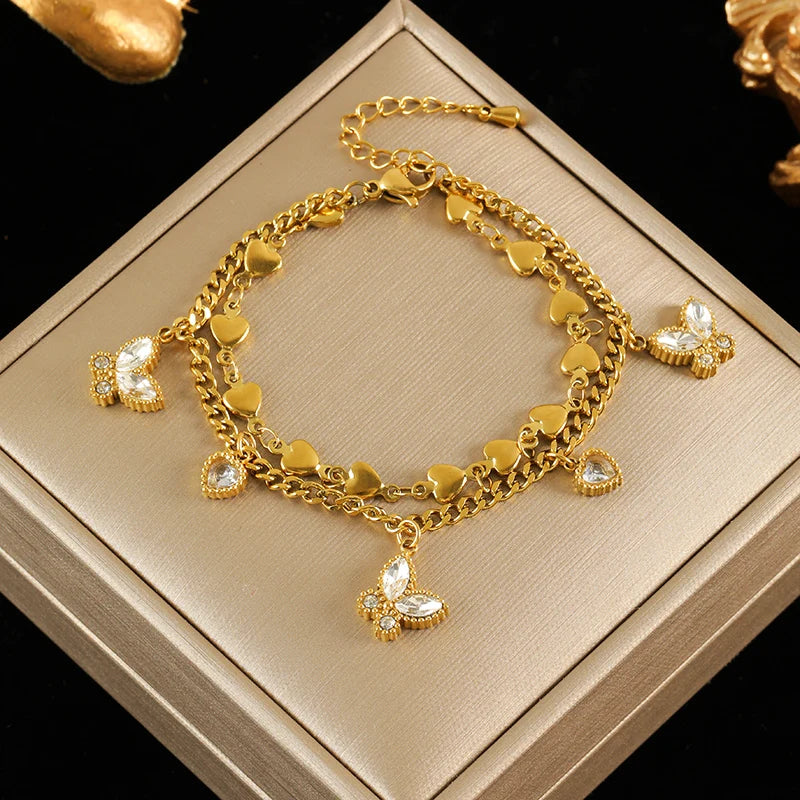316L Stainless Steel Gold Color Bracelet Bangle Jewelry Charm Metal Texture 18 K Plated Heart Wrist Chain for Women