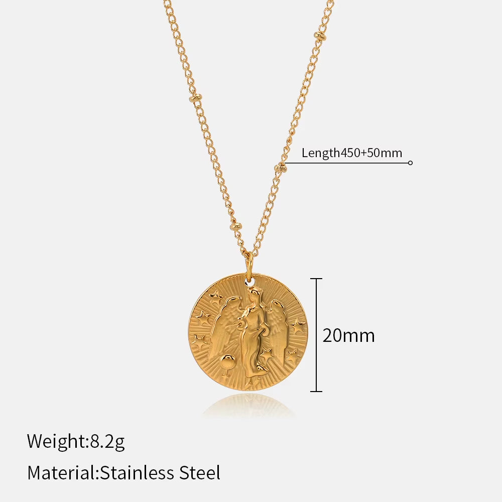 12 Zodiac Constellation Stainless Steel Necklace for Women Golden Amulet Vintage Plated round Coin Pendant Trendy Clavicle Chain