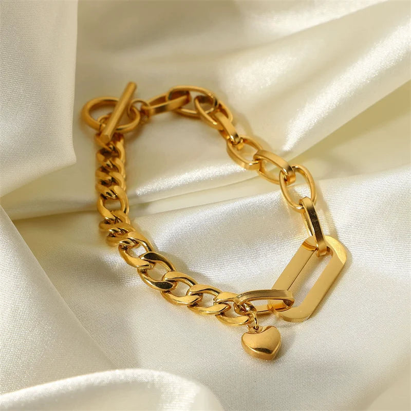 316L Stainless Steel Gold Color Bracelet Bangle Jewelry Charm Metal Texture 18 K Plated Heart Wrist Chain for Women