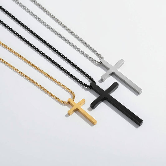 Cross Necklace for Men, Silver Black Gold Stainless Steel Plain Cross Pendant Necklace for Men Box Chain 16-30 Inch