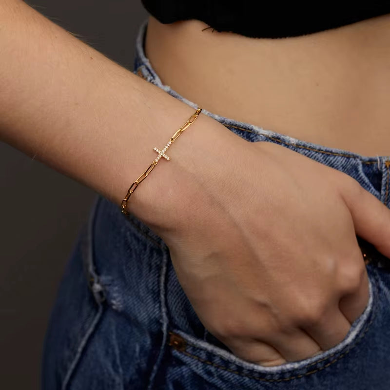 Dainty Crystal Rhinestone Cross Charm Bracelet Gold Plated Stainless Steel Chain Bracelets for Women Jewelry