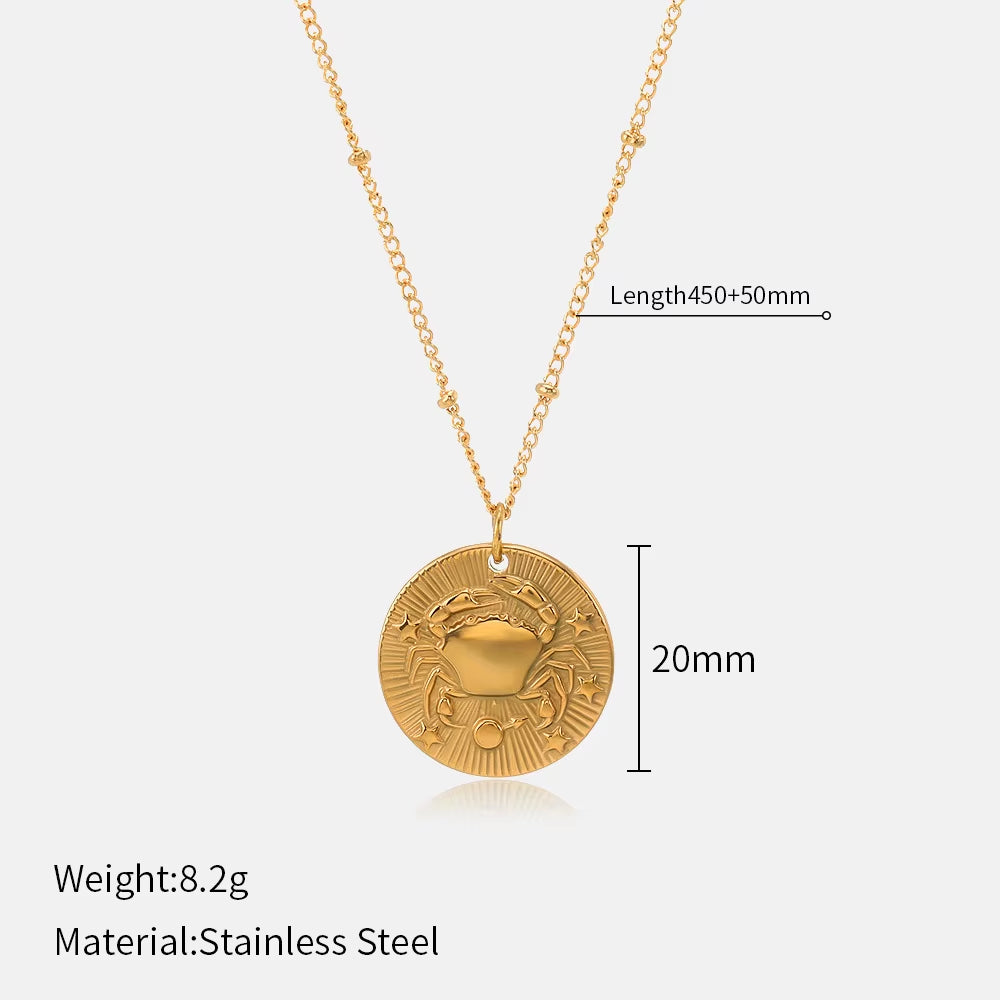12 Zodiac Constellation Stainless Steel Necklace for Women Golden Amulet Vintage Plated round Coin Pendant Trendy Clavicle Chain