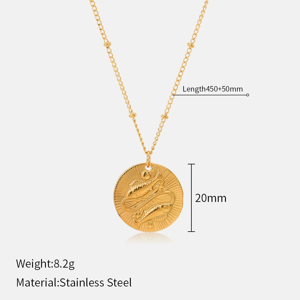 12 Zodiac Constellation Stainless Steel Necklace for Women Golden Amulet Vintage Plated round Coin Pendant Trendy Clavicle Chain