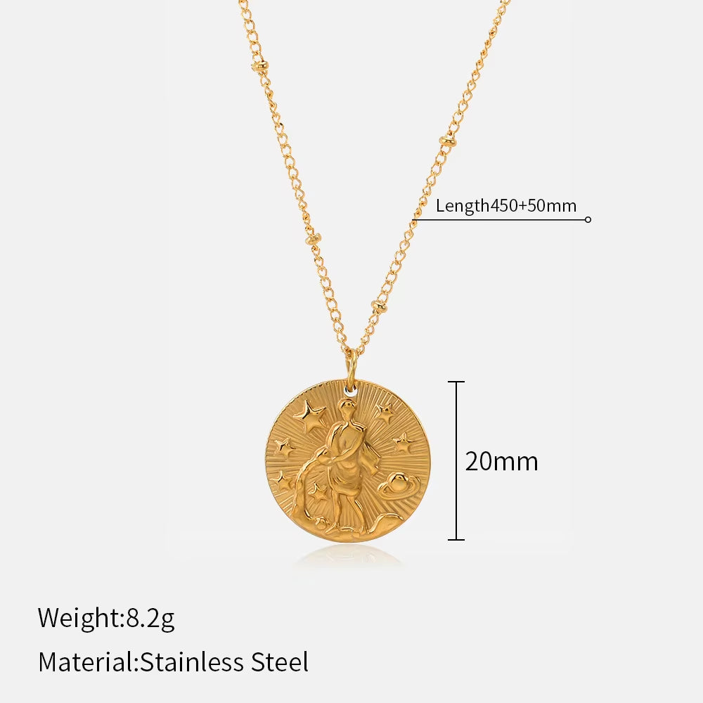 12 Zodiac Constellation Stainless Steel Necklace for Women Golden Amulet Vintage Plated round Coin Pendant Trendy Clavicle Chain