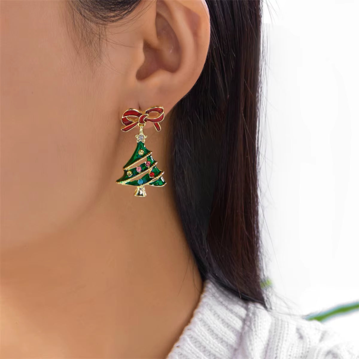 Christmas Red Bowknot Colorful Rhinestone Enamel Tree Drop Earrings Xmas Tree Holiday Dangle Earring Jewelry Gift for Women Men