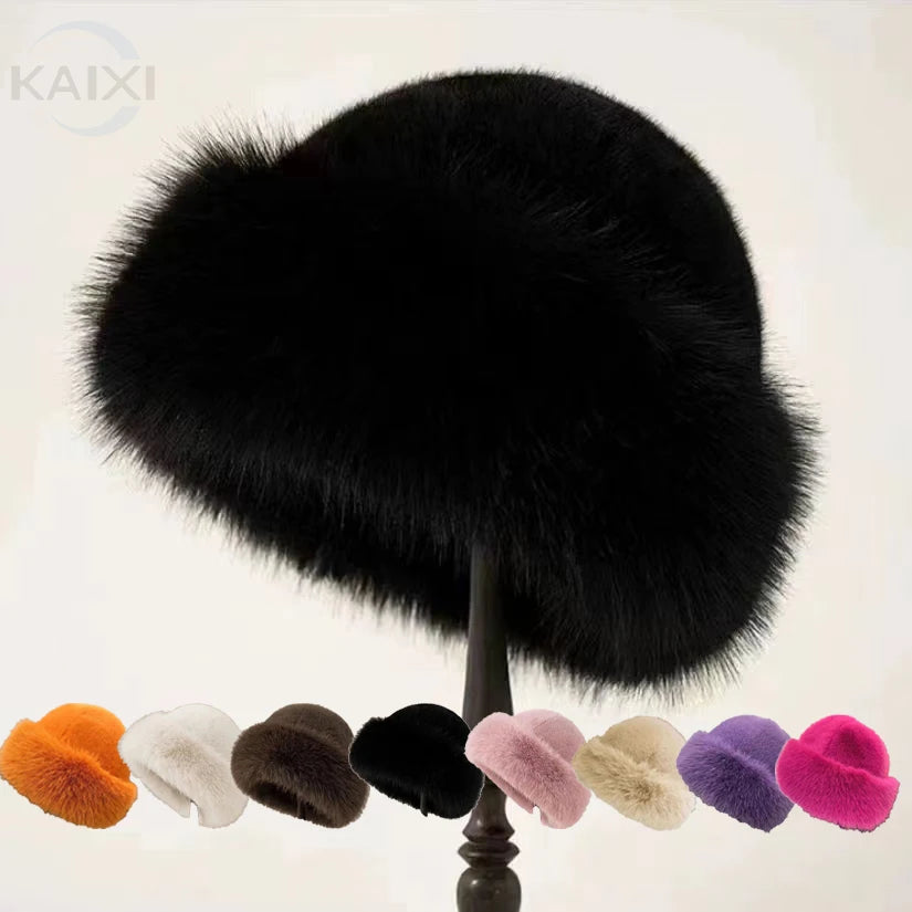 Wholesale in Stock Long Plush Thermal Warm Thick Multiple Color Breathable Soft Cozy Stretchy Winter Bucket Fur Hats for Women