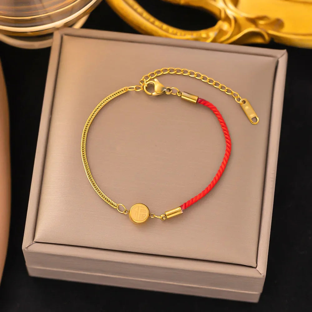Stainless Steel Blessing Red Rope Bracelet for Women Girls Gold Color Exquisite Chinese Style Wrist Chains Party Jewelry Gifts