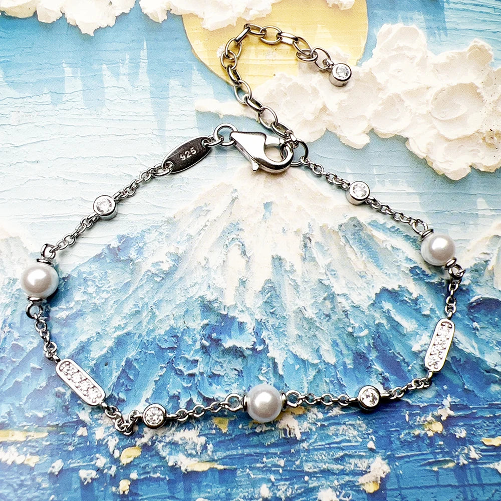 Bracelet Freshwater Pearl and White Stone 925 Sterling Silver Fine Jewelry Europe Women Classic Gift