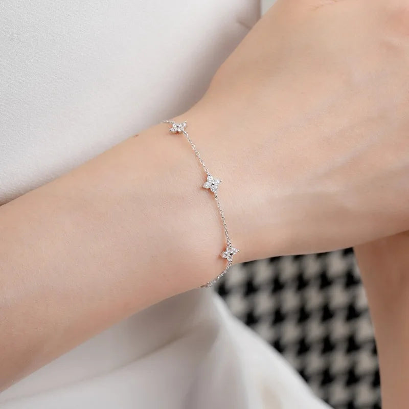 925 Silver Plated Cubic Zirconia Four Leaf Clover Bracelet for Women Adjustable Chain Jewelry 18K Gold Plated Fashion Accessory