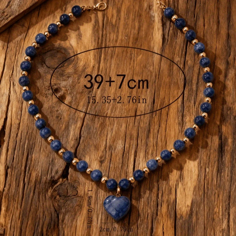 Round Bead Chain Paired with Blue Heart-Shaped Synthetic Zirconia Pendant Necklace Women'S Fashion Party Evening Dress Jewelry