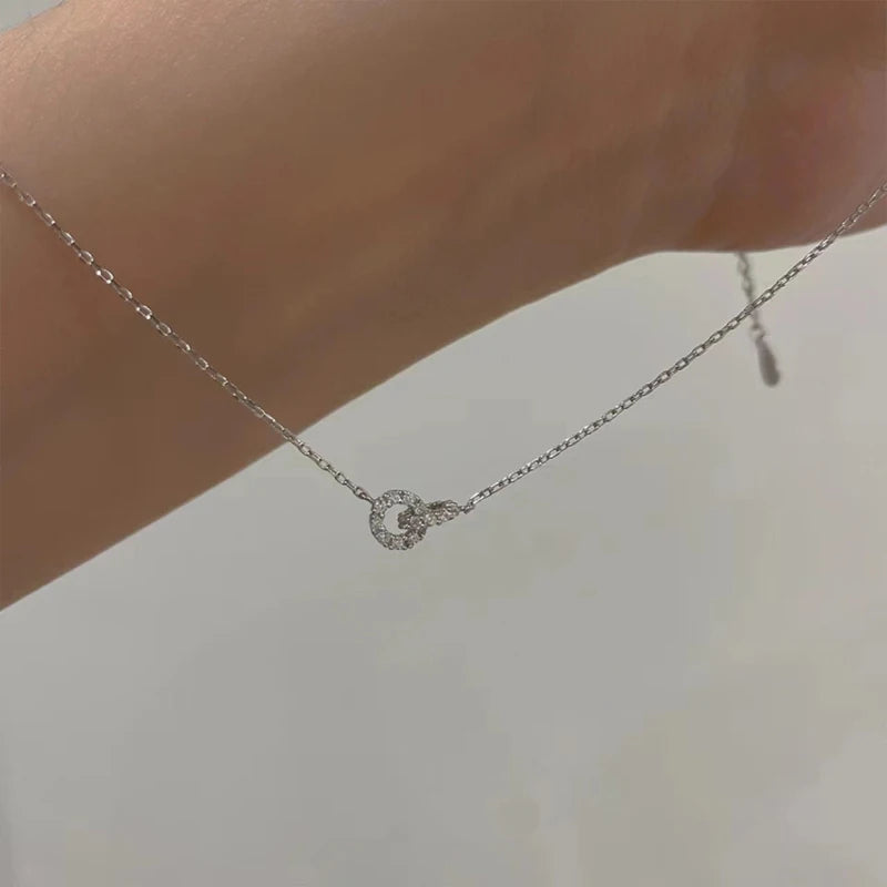Christmas Gift 925 Sterling Silver Double Ring Zircon Necklace with Simple Temperament Geometric Collarbone Chain Party Jewelry