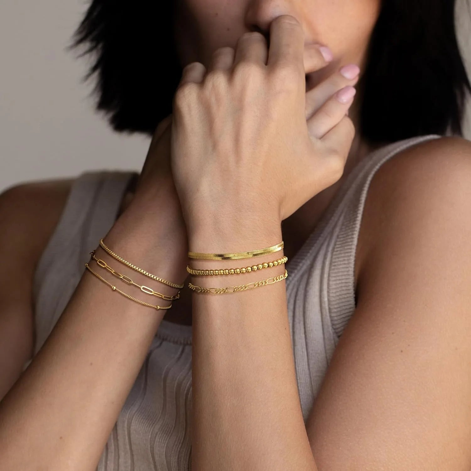 Gold Bracelets for Women Waterproof 14K Gold Plated Jewelry Set for Women Trendy Thindainty Stackable Cuban Link Paperclip Chain
