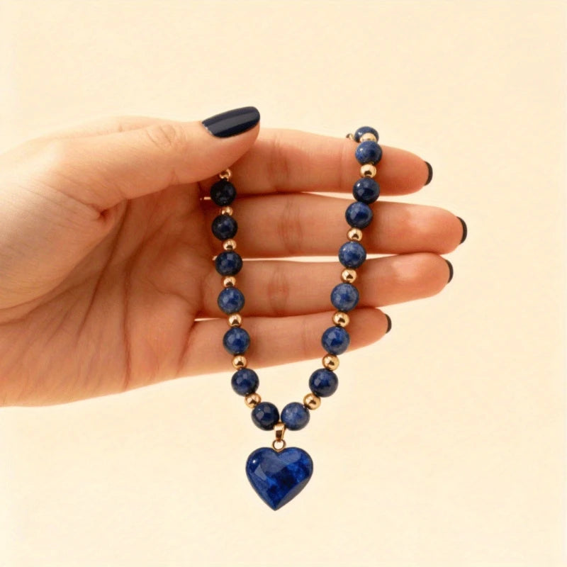 Round Bead Chain Paired with Blue Heart-Shaped Synthetic Zirconia Pendant Necklace Women'S Fashion Party Evening Dress Jewelry