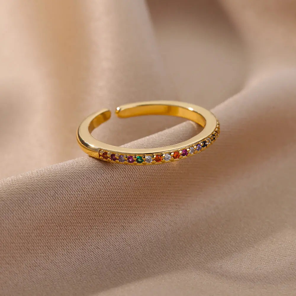 Mini Zircon Green Rings for Women Stainless Steel Gold Color Adjustable Finger Ring Engagement Wedding Christmas Jewelry Gift