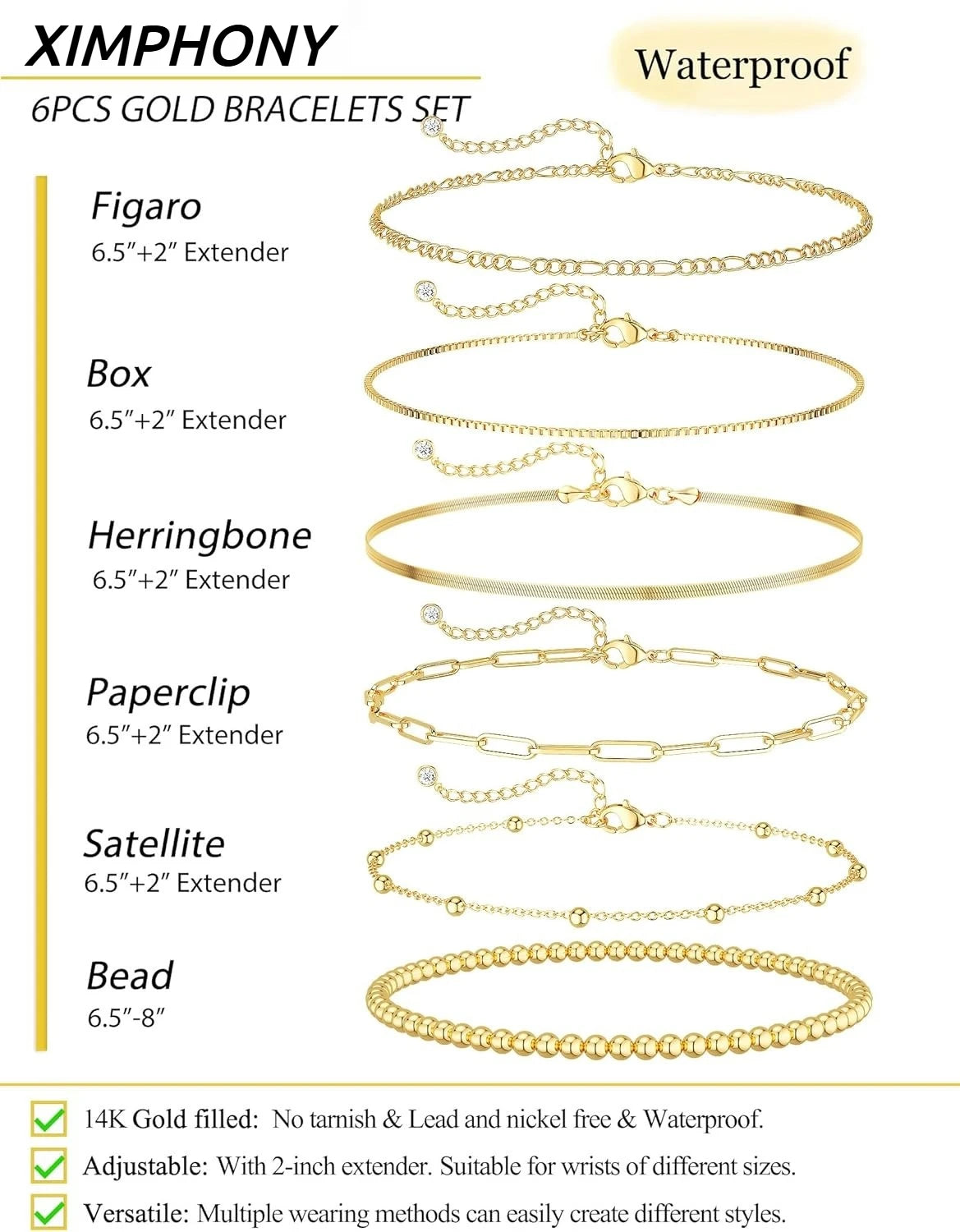 Gold Bracelets for Women Waterproof 14K Gold Plated Jewelry Set for Women Trendy Thindainty Stackable Cuban Link Paperclip Chain