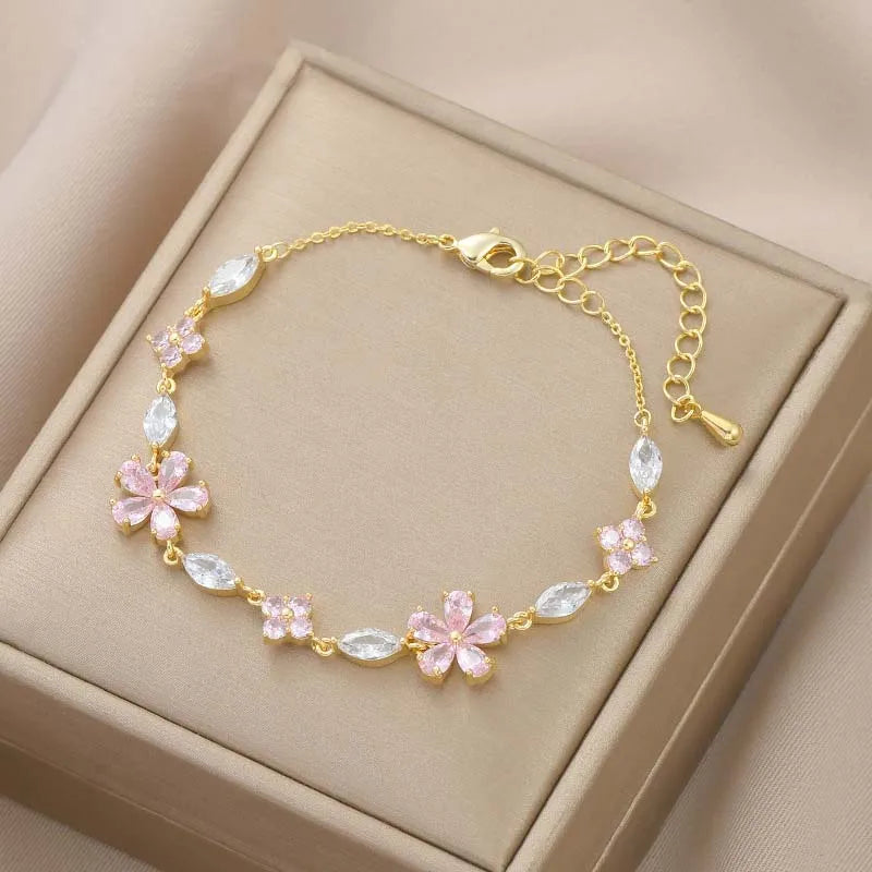 Luxury Colorful Zircon Flower Bracelet for Women Girls Korean Sweet Gold Color Crystal Adjustable Bracelet Jewelry Gift