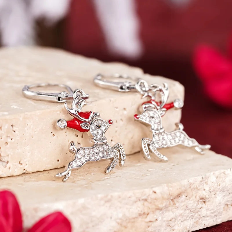 Exquisite Elk Shaped Dangle Earrings with Santa Claus Hat Sparkling CZ Silver Color Fashion Christmas Jewelry for Women
