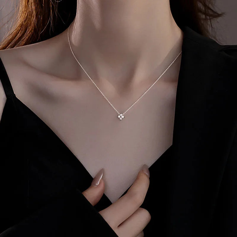 New Simple 925 5A Zircon Four Leaf Certified Choker Pendant Solid Sterling Silver Women'S Charm Fine Jewelry Gift Wholesale
