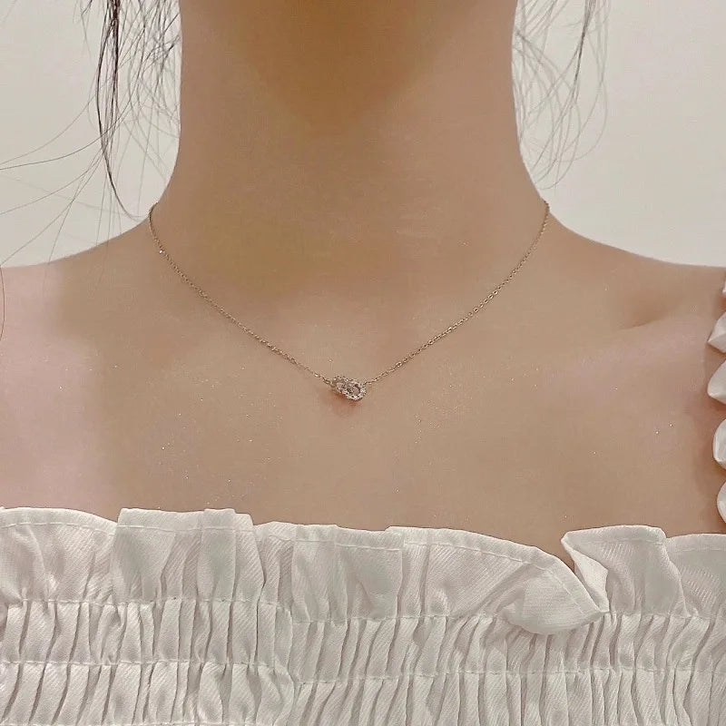 Christmas Gift 925 Sterling Silver Double Ring Zircon Necklace with Simple Temperament Geometric Collarbone Chain Party Jewelry