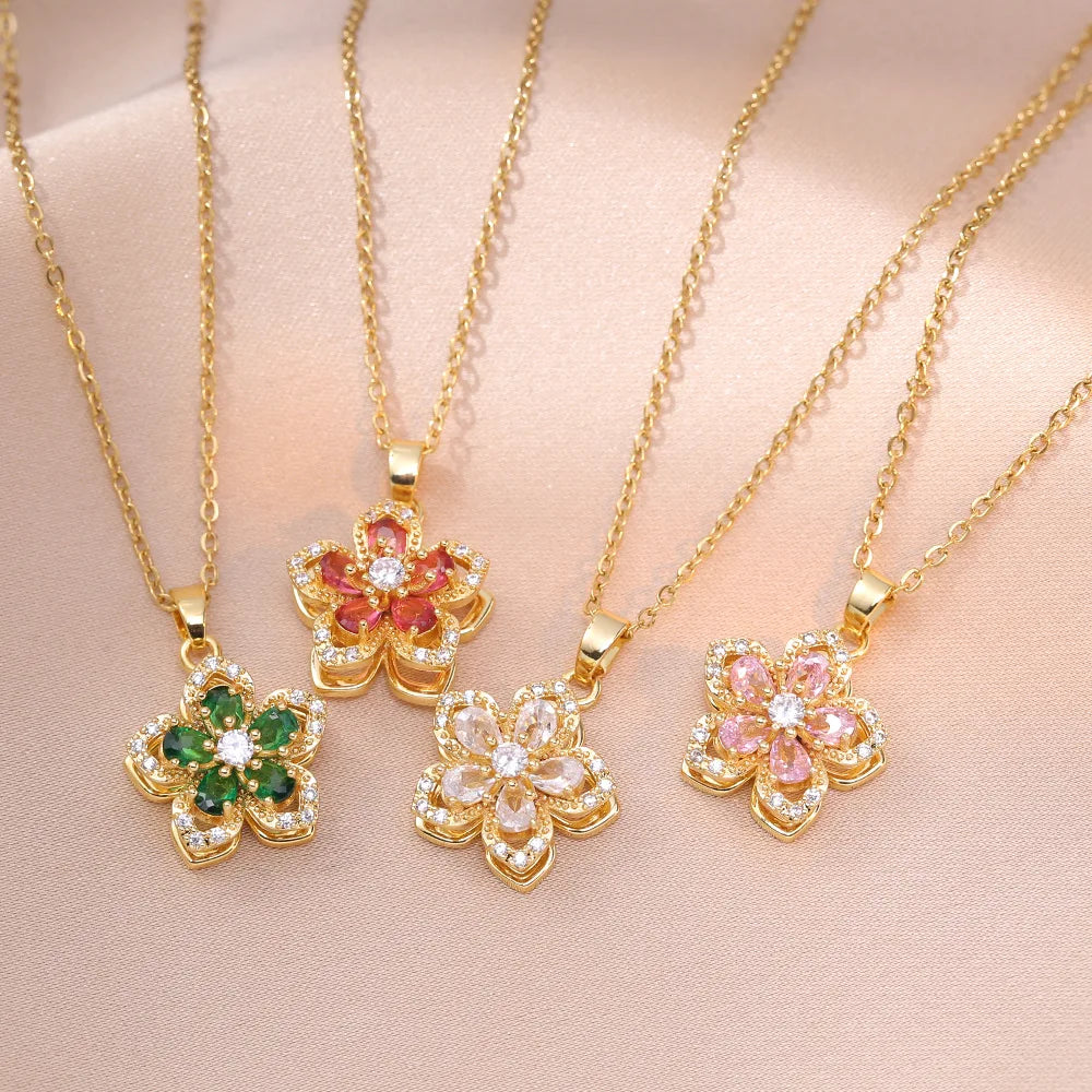 Shiny Zircon Romantic Flower Pendant Necklace for Women Gold Plated Rotatable Flowers Choker Girls Wedding Party Luxury Jewelry