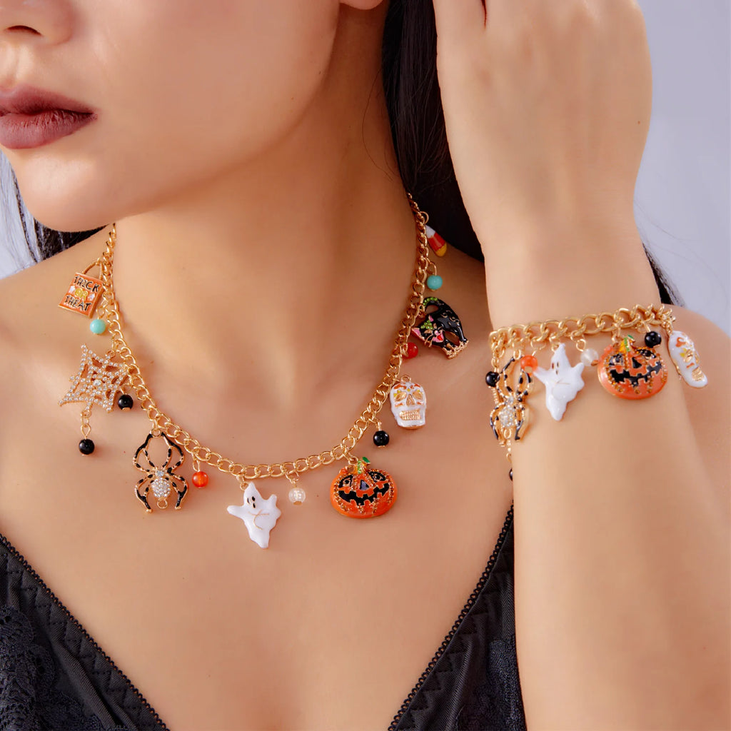 Halloween Inlaid Zircon Spider Web Pumpkin Ghost Black Cat Skeleton Pendant Necklace for Women Hip Hop Punk Festival Jewelry