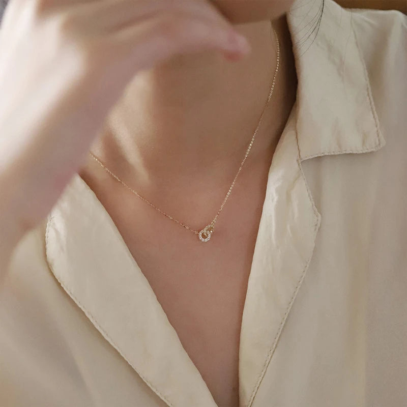 Christmas Gift 925 Sterling Silver Double Ring Zircon Necklace with Simple Temperament Geometric Collarbone Chain Party Jewelry