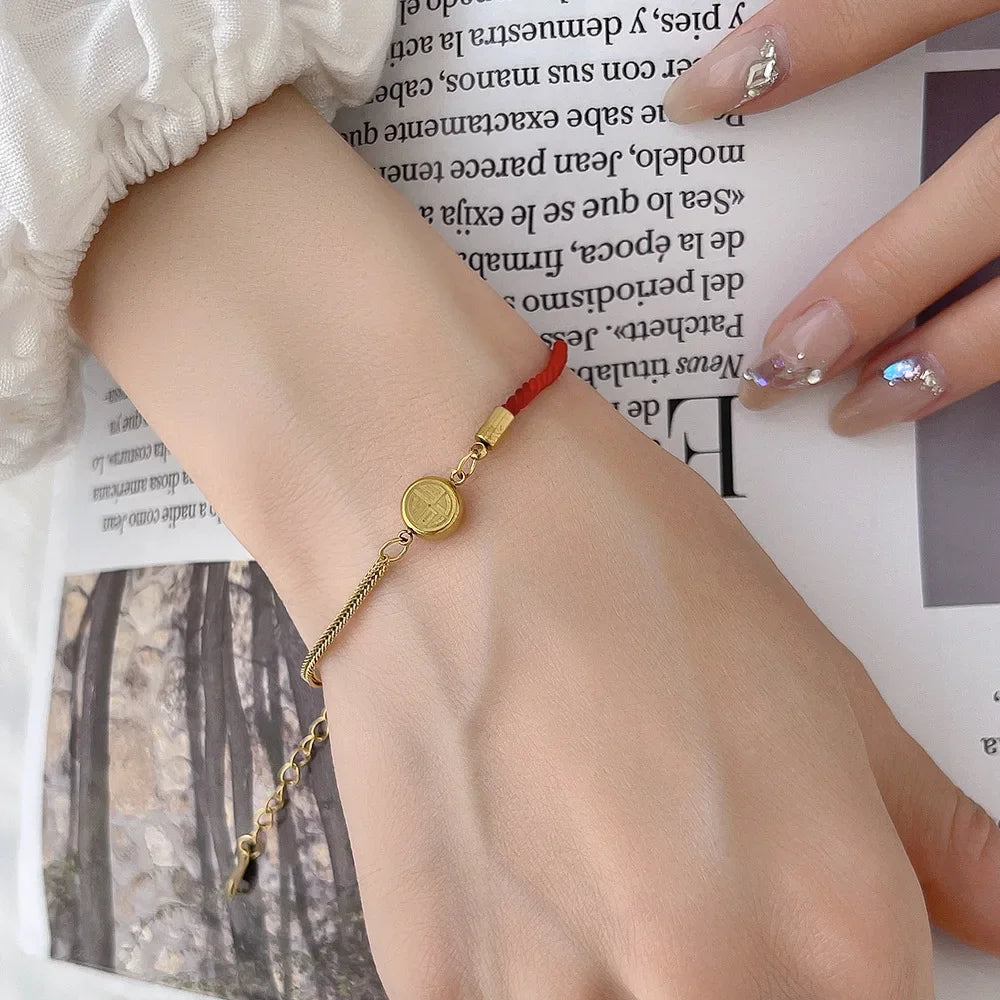 Stainless Steel Blessing Red Rope Bracelet for Women Girls Gold Color Exquisite Chinese Style Wrist Chains Party Jewelry Gifts