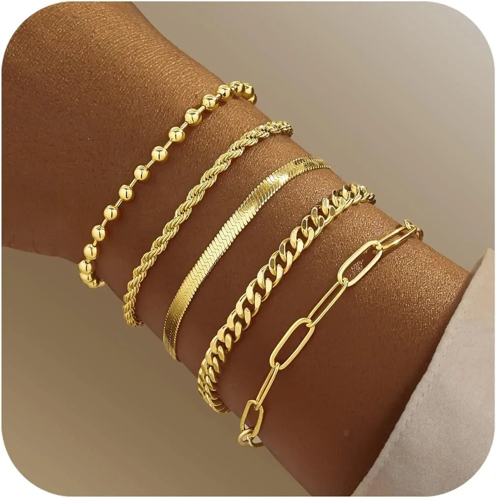 Gold Bracelets for Women Bracelets Set for Women Gold Bracelets Stack with Beaded, Cuban, Paperclip, Snake, Rope Gifts for Women