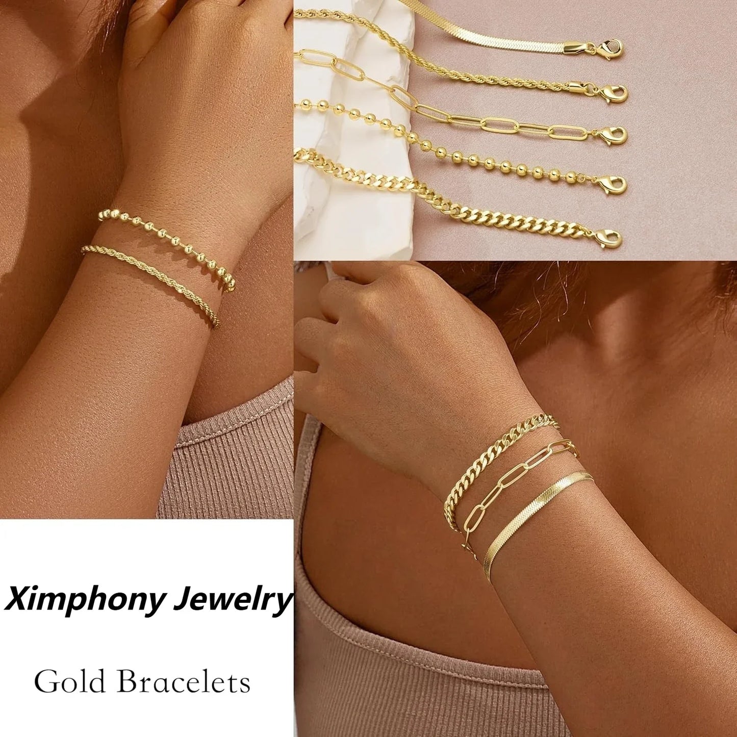 Gold Bracelets for Women Bracelets Set for Women Gold Bracelets Stack with Beaded, Cuban, Paperclip, Snake, Rope Gifts for Women