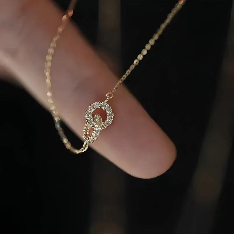 Christmas Gift 925 Sterling Silver Double Ring Zircon Necklace with Simple Temperament Geometric Collarbone Chain Party Jewelry