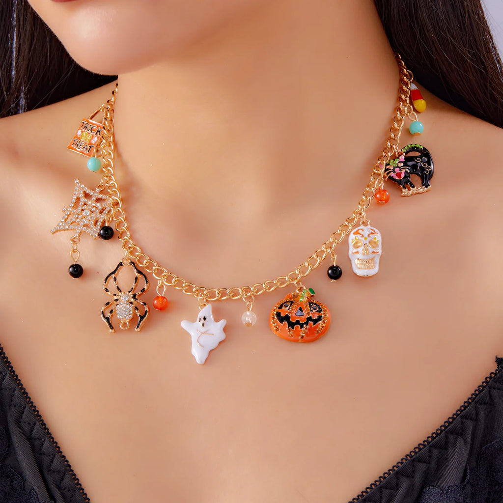 Halloween Inlaid Zircon Spider Web Pumpkin Ghost Black Cat Skeleton Pendant Necklace for Women Hip Hop Punk Festival Jewelry