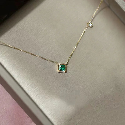 Jkli S925 Sterling Silver Simple Emerald Crystal Chain Necklace Women Light Luxury Temperament Plating 14K Gold Jew New Style