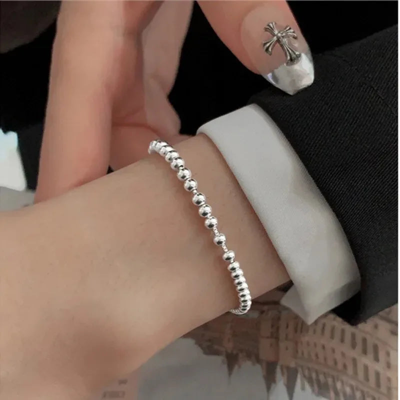 100% Solid 925 Sterling Silver Metal Bracelets for Women Men Beads Adjustable Handmade Simple Bracelet Birthday Christmas Gifts