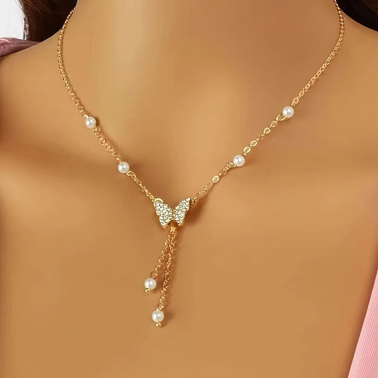 Fashionable Women Gold Plated Butterfly Tassel Pendant Necklace Suitable for Daily Party Wear Birthday Gifts Bridesmaid Jewelry