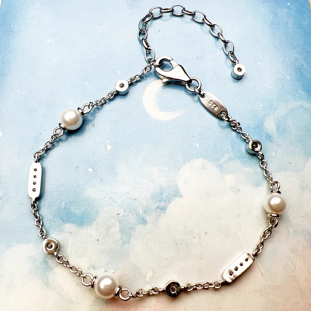 Bracelet Freshwater Pearl and White Stone 925 Sterling Silver Fine Jewelry Europe Women Classic Gift