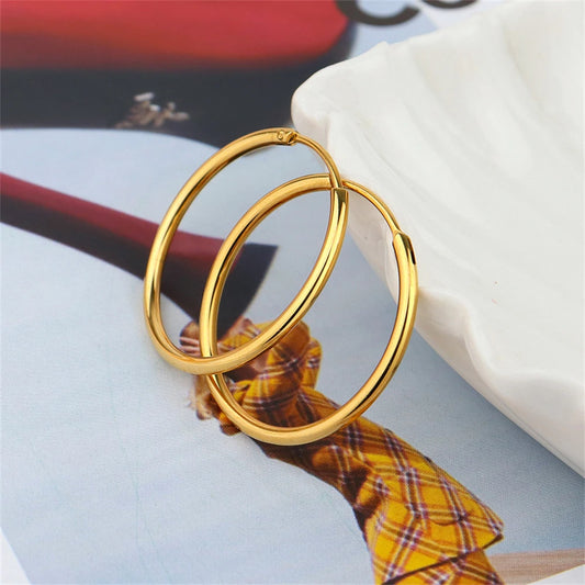 Gold Plated Smooth round Circle Big Hoop Earrings for Women Size 12/25/30/40/50/60Mm Stainless Steel Jewelry Accessories Gifts