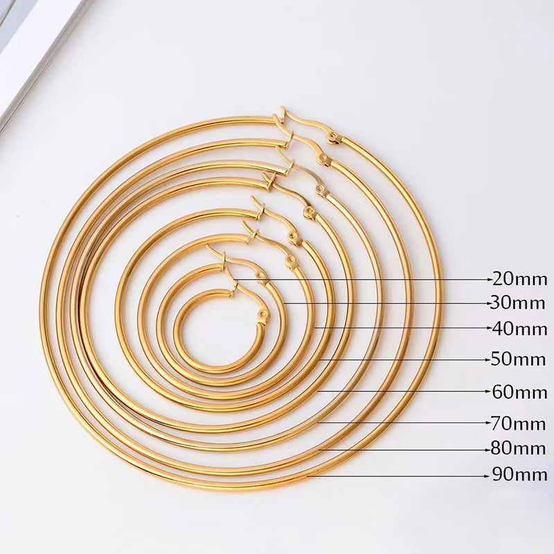 30-80Mm Big Simple Classic Hoop Earrings for Women Girls Circle Stainless Steel Earrings Gold Silver Color round Earings Gift