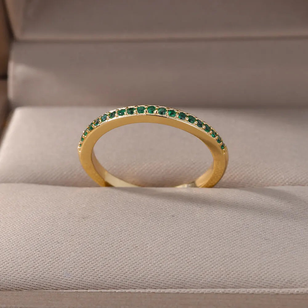 Mini Zircon Green Rings for Women Stainless Steel Gold Color Adjustable Finger Ring Engagement Wedding Christmas Jewelry Gift