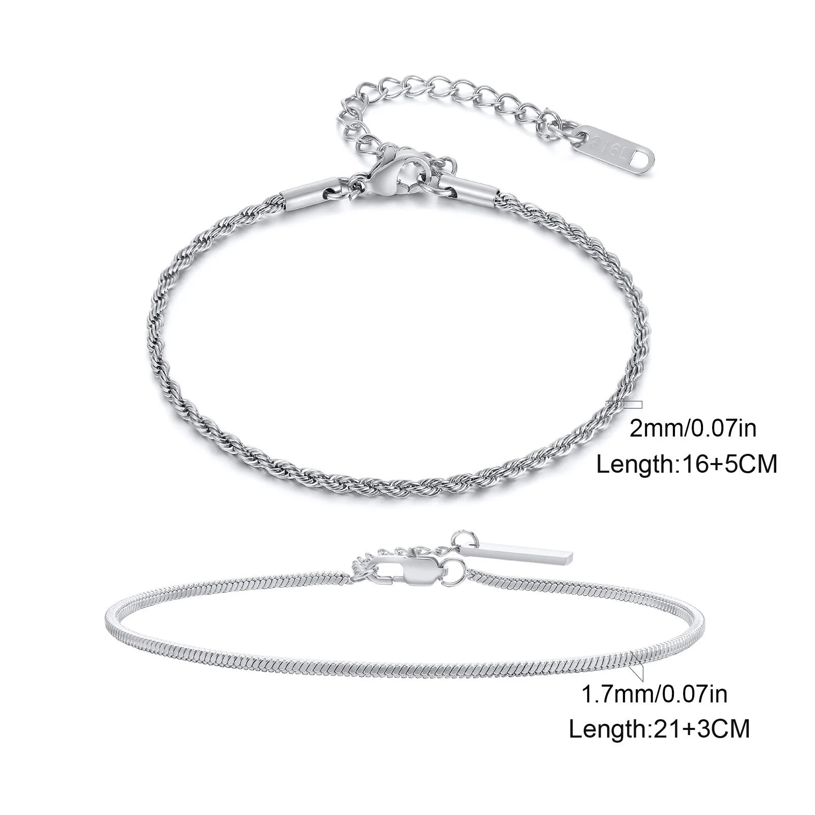 2Pcs/Set Thin Chain Bracelet for Men Boys,Stainless Steel Twisted Rope Chain Wristband,Adjustable Link Chains