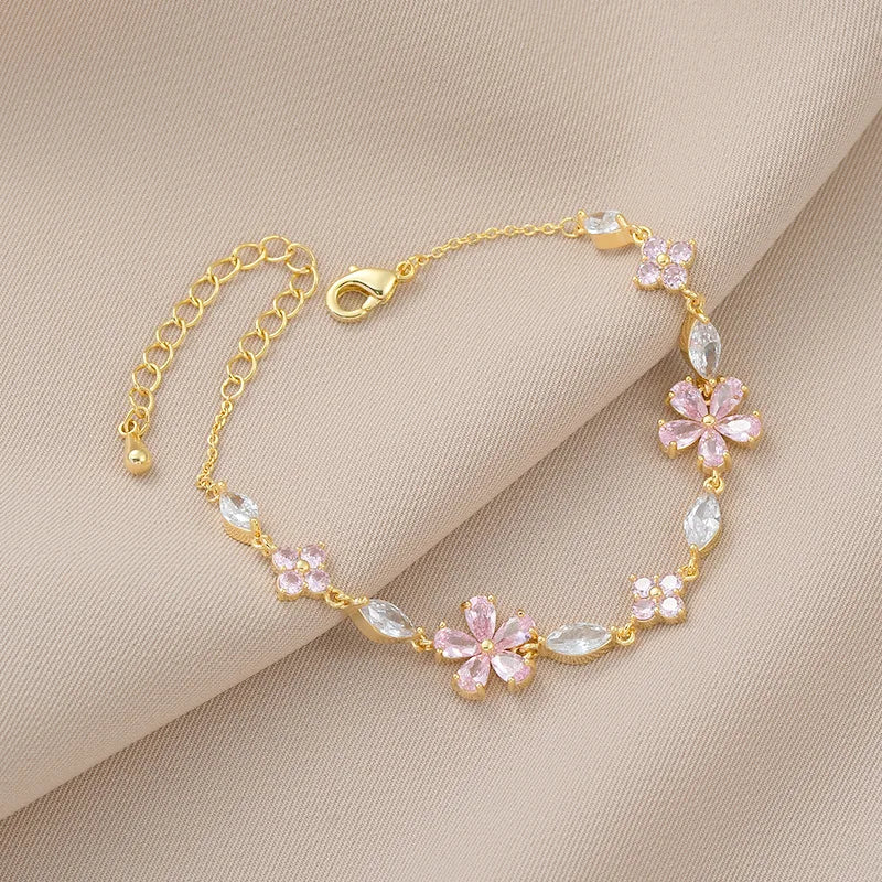 Luxury Colorful Zircon Flower Bracelet for Women Girls Korean Sweet Gold Color Crystal Adjustable Bracelet Jewelry Gift