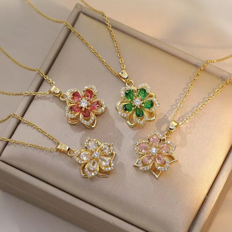 Shiny Zircon Romantic Flower Pendant Necklace for Women Gold Plated Rotatable Flowers Choker Girls Wedding Party Luxury Jewelry