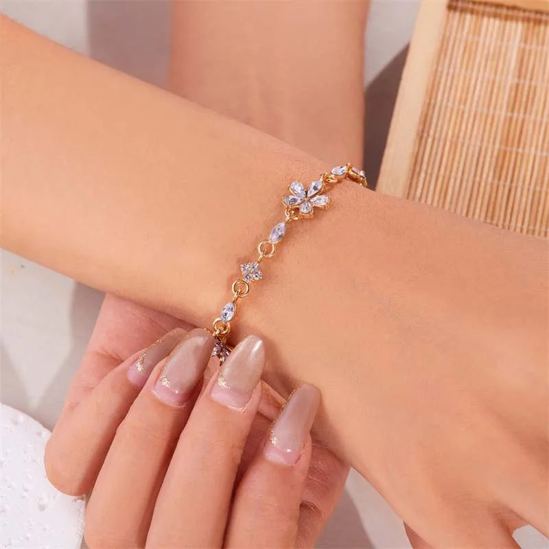 Luxury Colorful Zircon Flower Bracelet for Women Girls Korean Sweet Gold Color Crystal Adjustable Bracelet Jewelry Gift