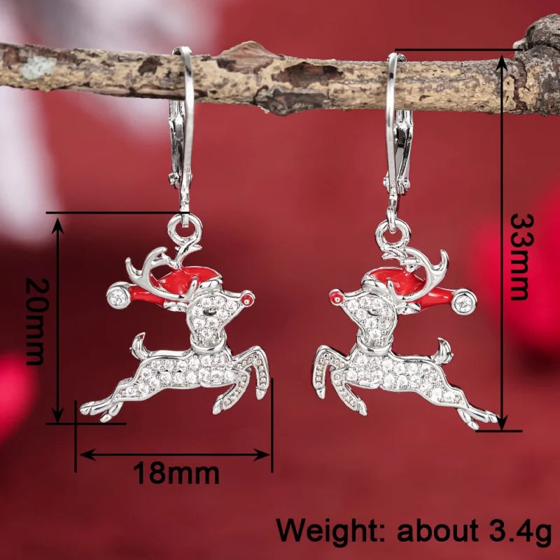 Exquisite Elk Shaped Dangle Earrings with Santa Claus Hat Sparkling CZ Silver Color Fashion Christmas Jewelry for Women