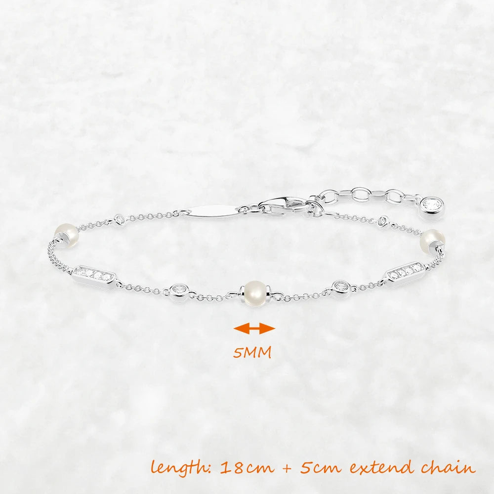 Bracelet Freshwater Pearl and White Stone 925 Sterling Silver Fine Jewelry Europe Women Classic Gift