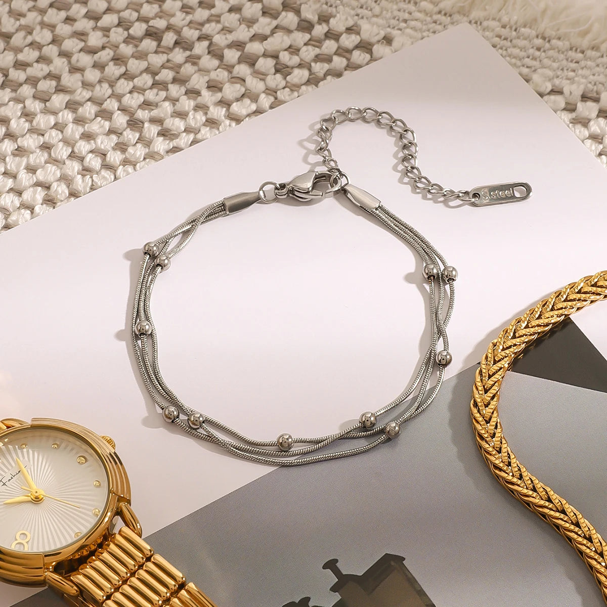 Exquisite 18K Gold Color Plating Stainless Steel Chain Bracelet Dainty Silver Bracelet Adjustable Bracelet Stackable Cha