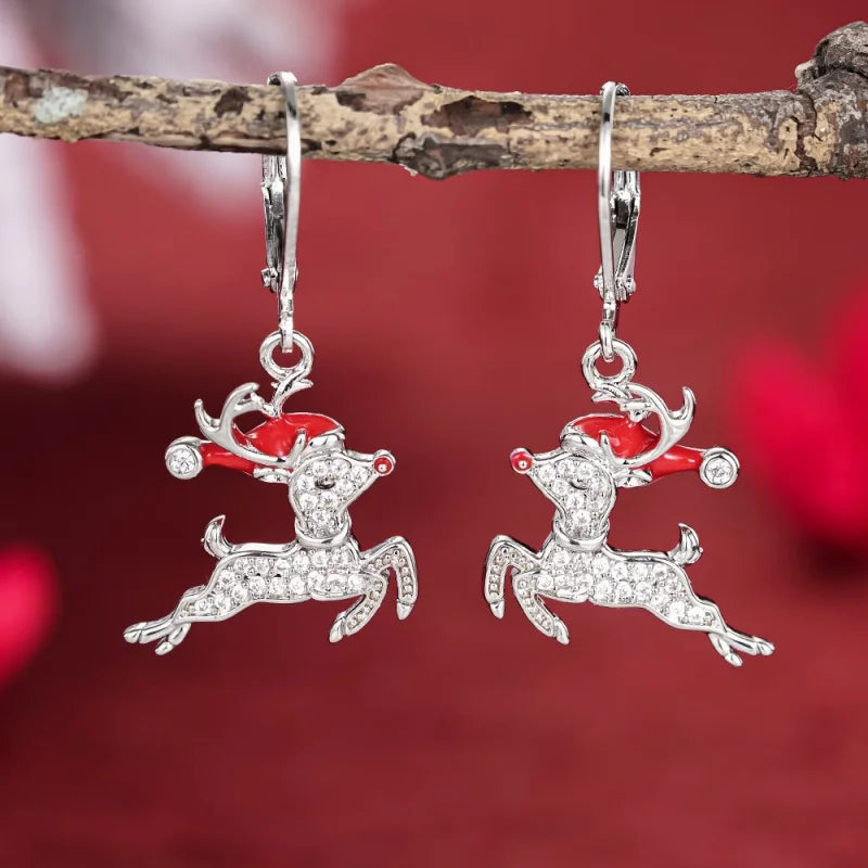 Exquisite Elk Shaped Dangle Earrings with Santa Claus Hat Sparkling CZ Silver Color Fashion Christmas Jewelry for Women