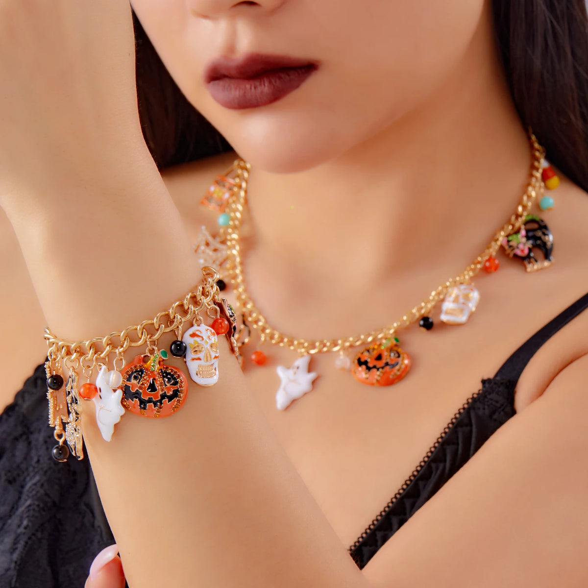 Halloween Inlaid Zircon Spider Web Pumpkin Ghost Black Cat Skeleton Pendant Necklace for Women Hip Hop Punk Festival Jewelry