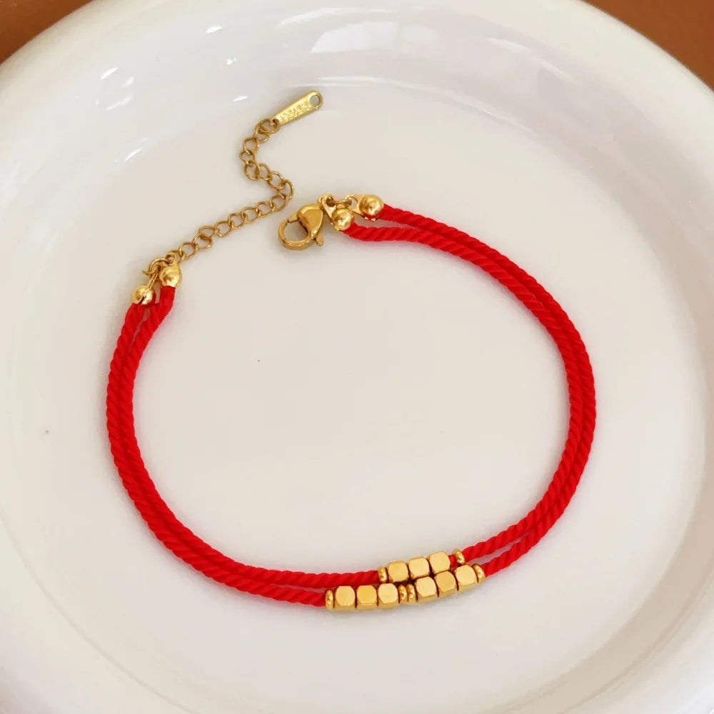 Stainless Steel Blessing Red Rope Bracelet for Women Girls Gold Color Exquisite Chinese Style Wrist Chains Party Jewelry Gifts